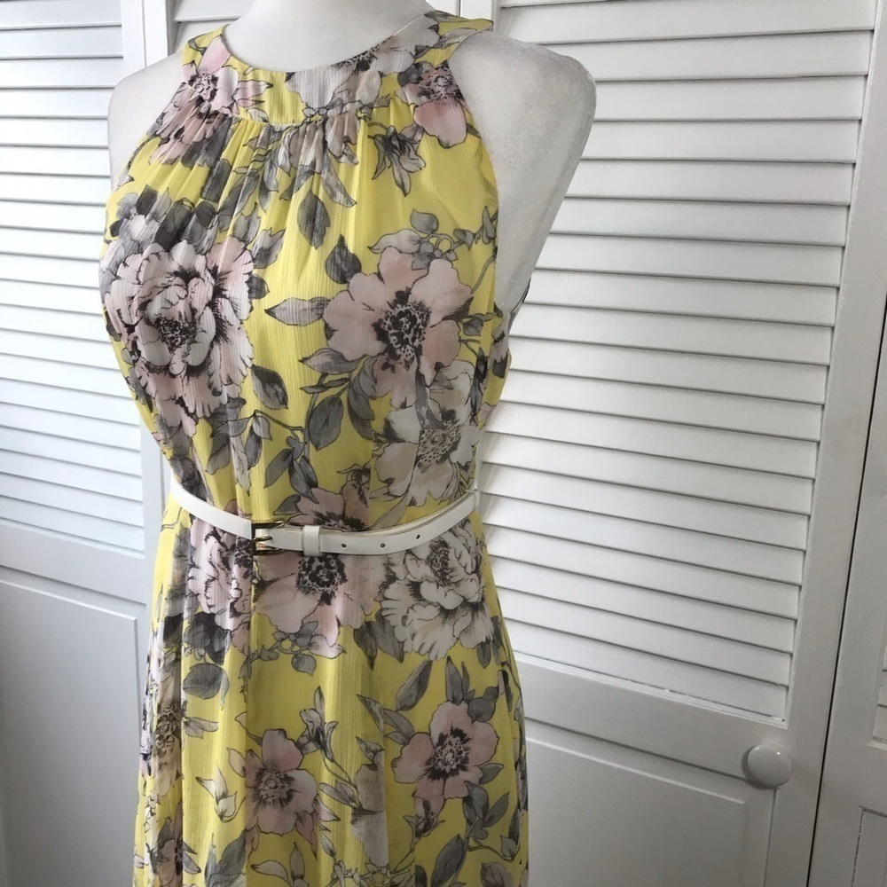 Price is firm TOMMY HILFIGER Yellow Floral Print Belted Midi Dress Size 4 - Picture 5 of 9